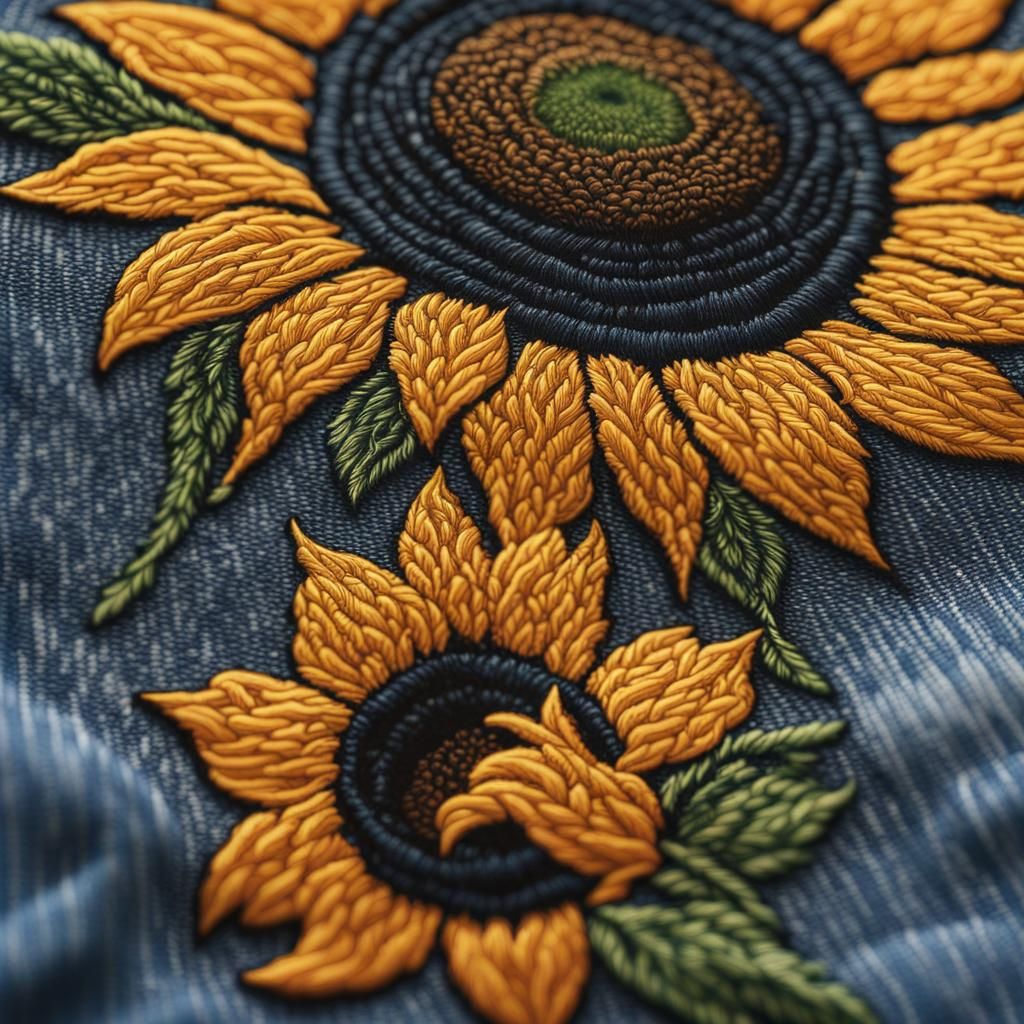 Sunflower Embroidery on Denim Shirt in Hyperrealistic Style