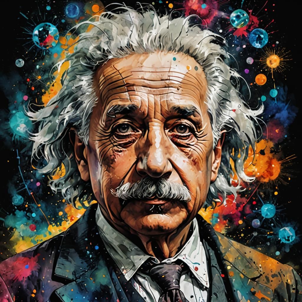 Einstein in Cosmic Space: Vibrant Watercolor Portrait