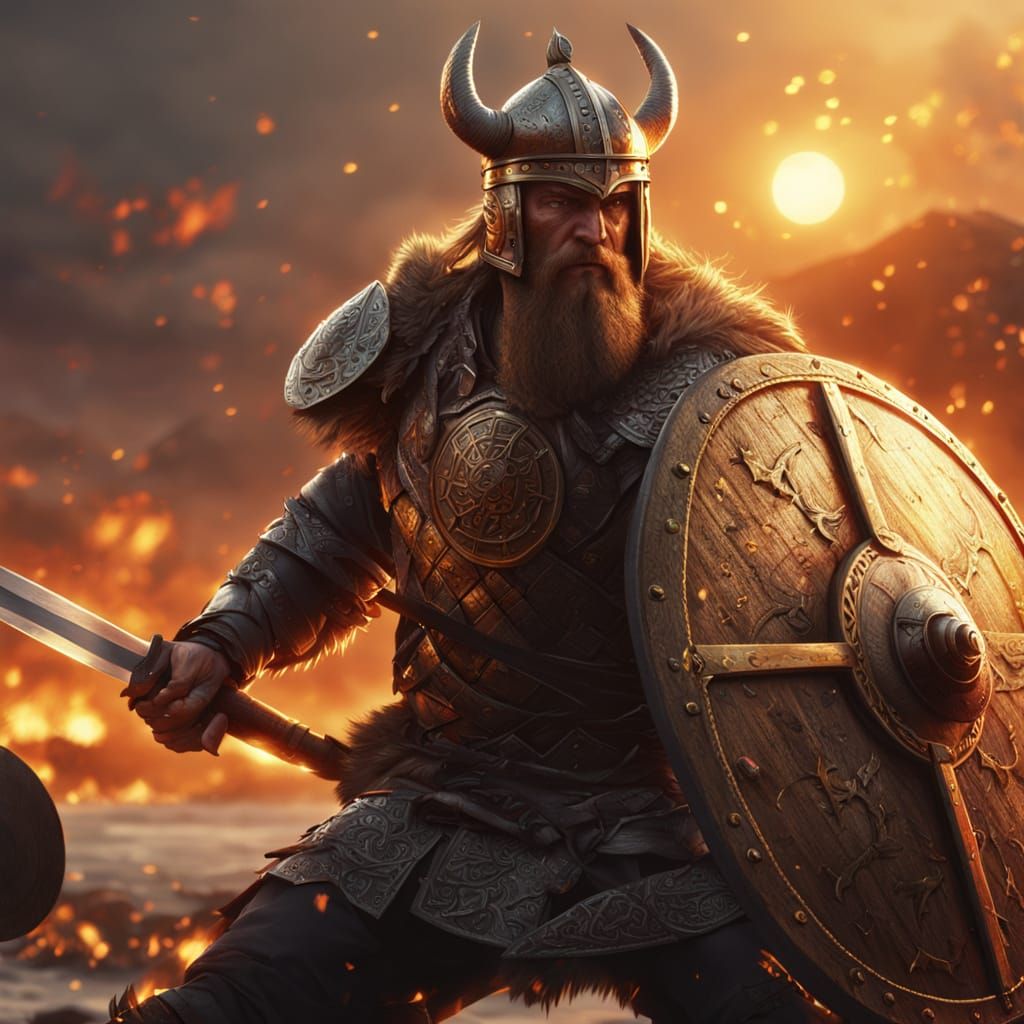 Viking Warrior in Cinematic Sunset Battle