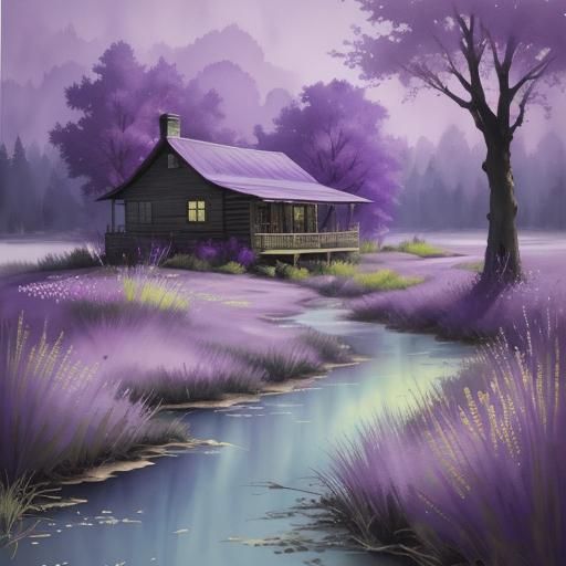 Purple Spring Landscape in Watercolor Style