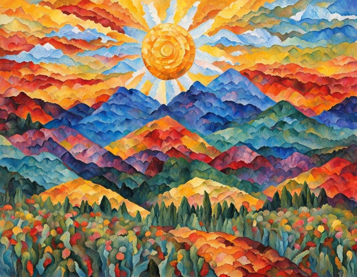 Torn Paper Mountain Landscape with Sun and Sky