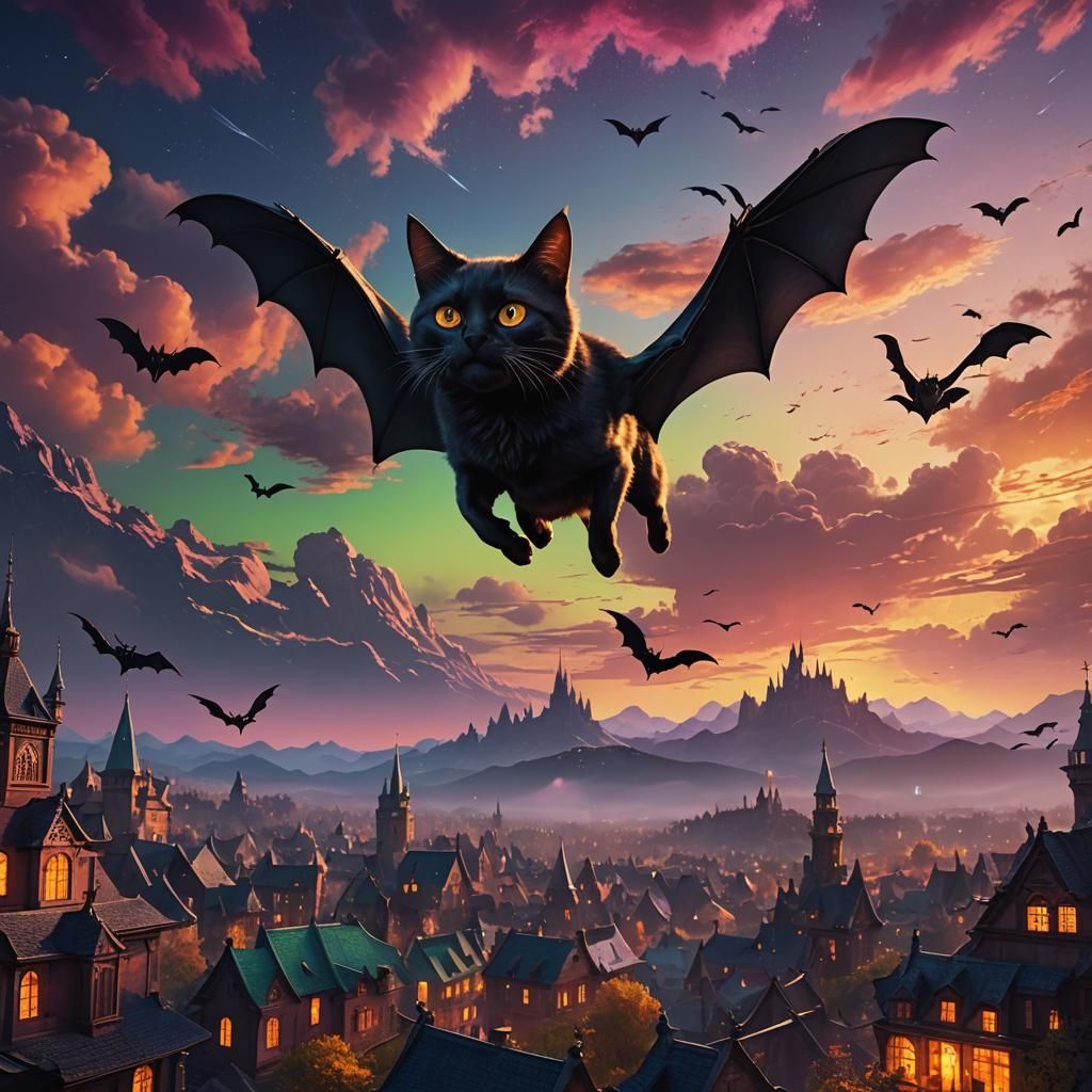 Bat Cat Soaring Through Aurora Sunset