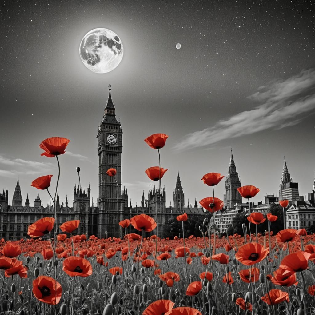 London Ink Sketch Through Poppy Field