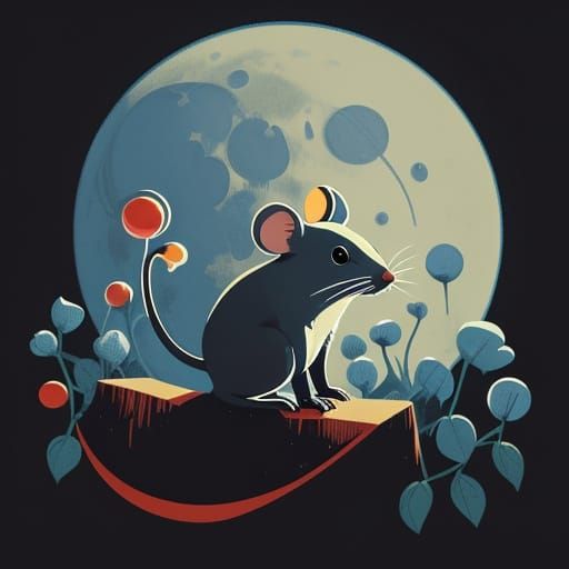 Charming Mouse Sits on the Moon in Naive Art Style