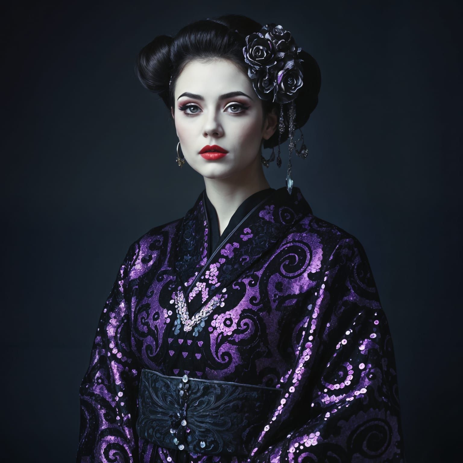Glamorous Gothic Geisha in Sequined Kanzashi Kimono