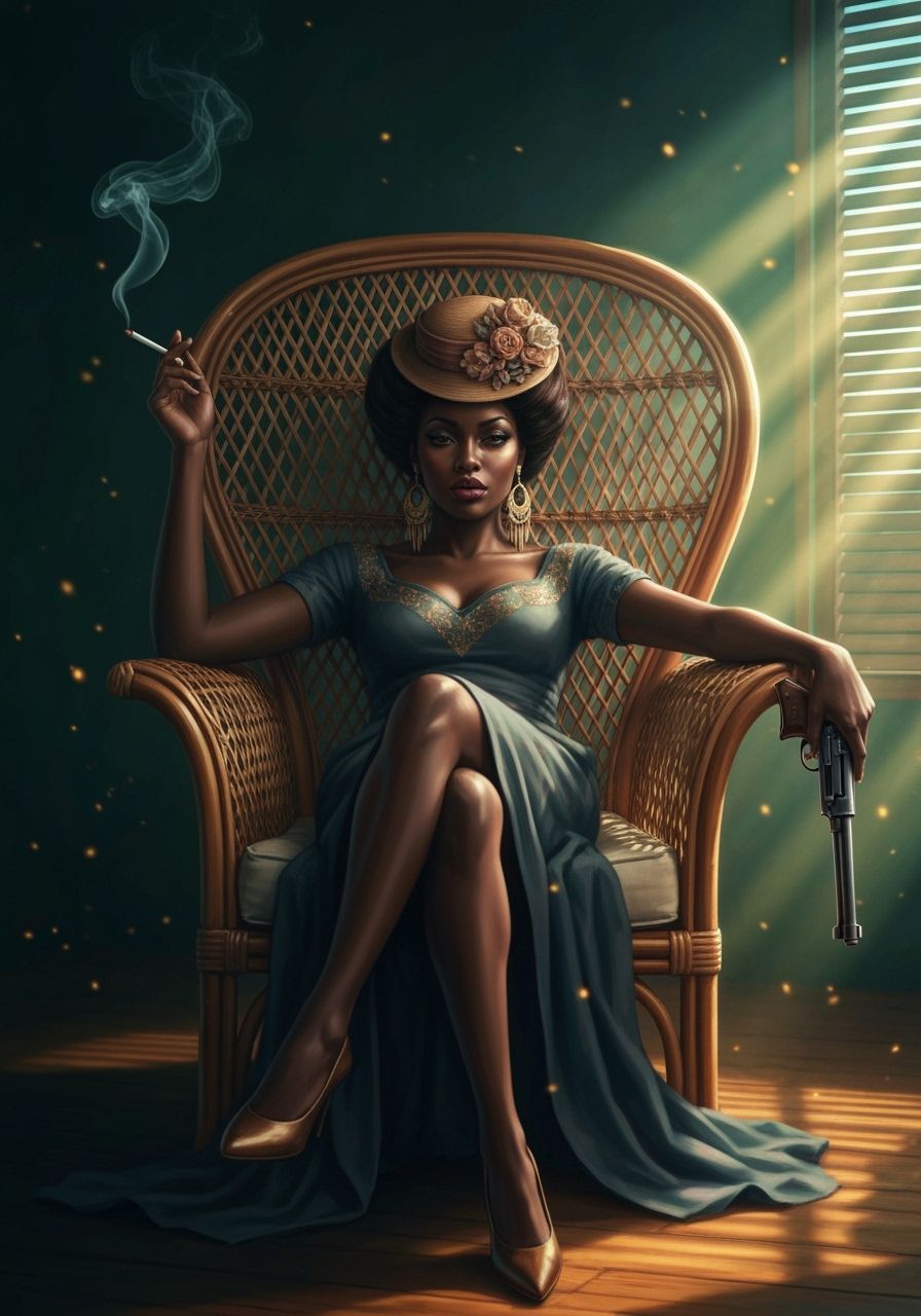 Woman Reclining in Rattan Chair with Pistol