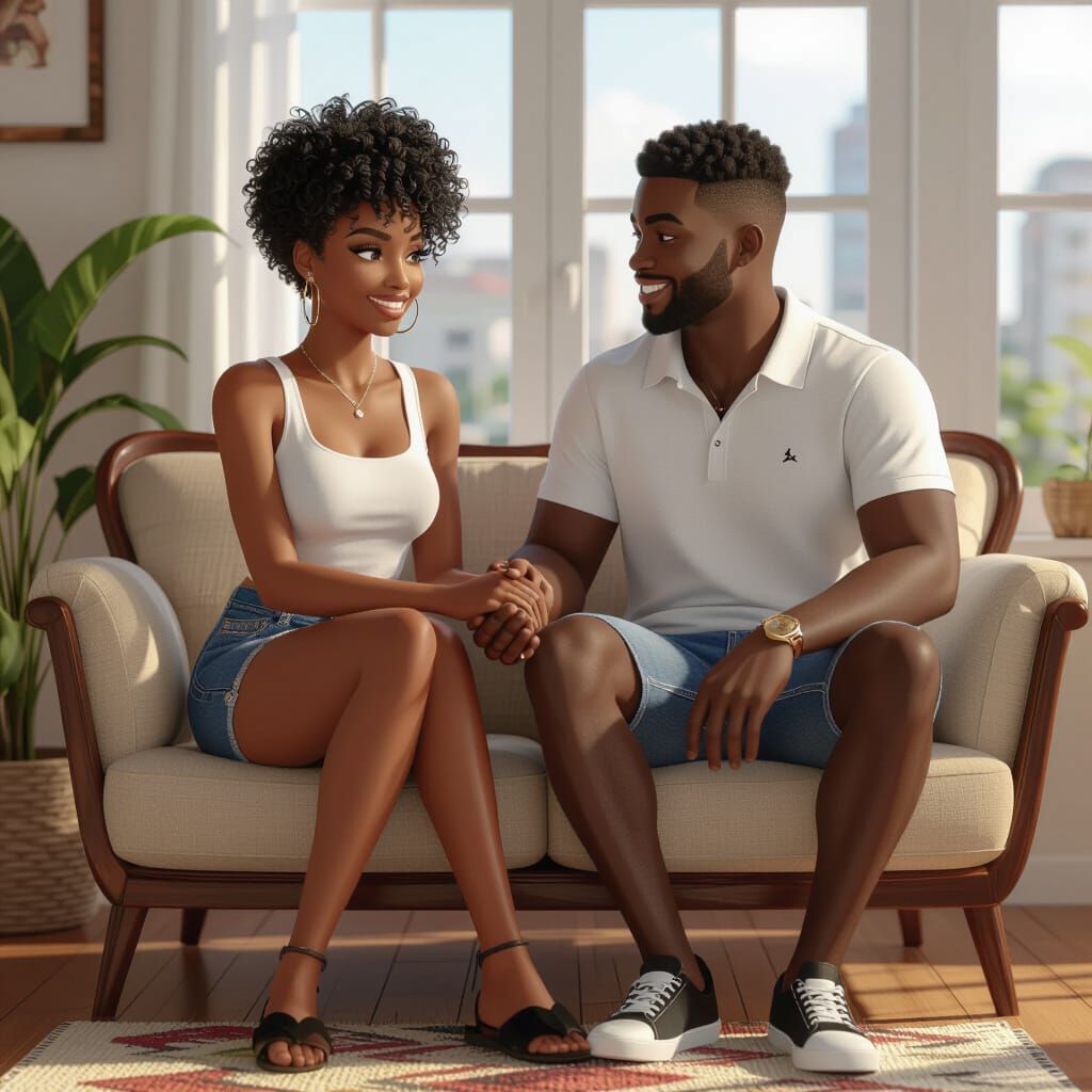 African Couple Relaxing in Cozy City Parlor