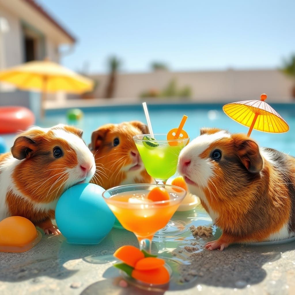 Guinea Pigs' Pool Party in Bright Sunlight