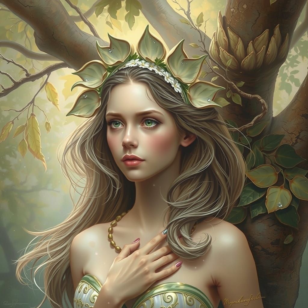 Hamadryad and Ancient Oak Tree in Golden Hour Light