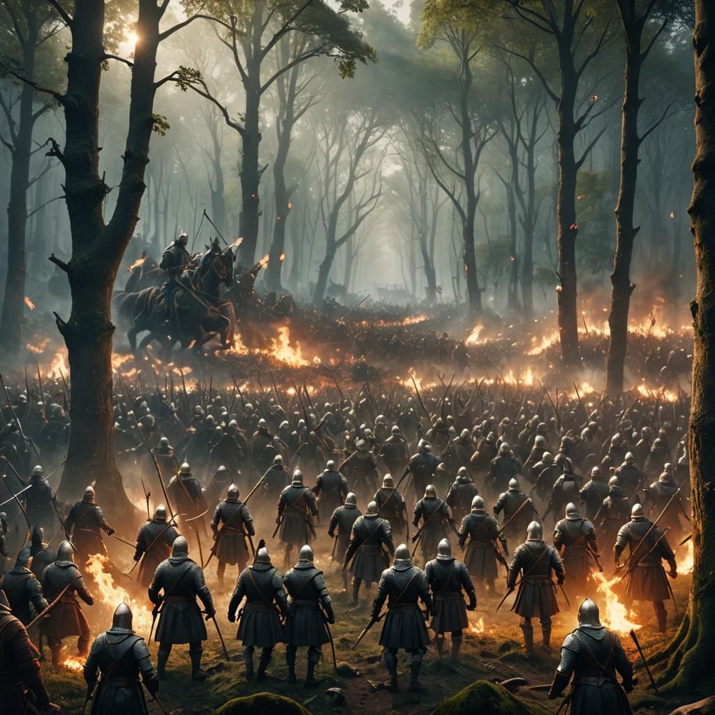 Epic Fantasy Battlefield: Medieval Army Clash in Forest