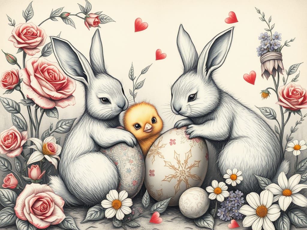 Whimsical Bunnies and Chick in Renaissance Setting