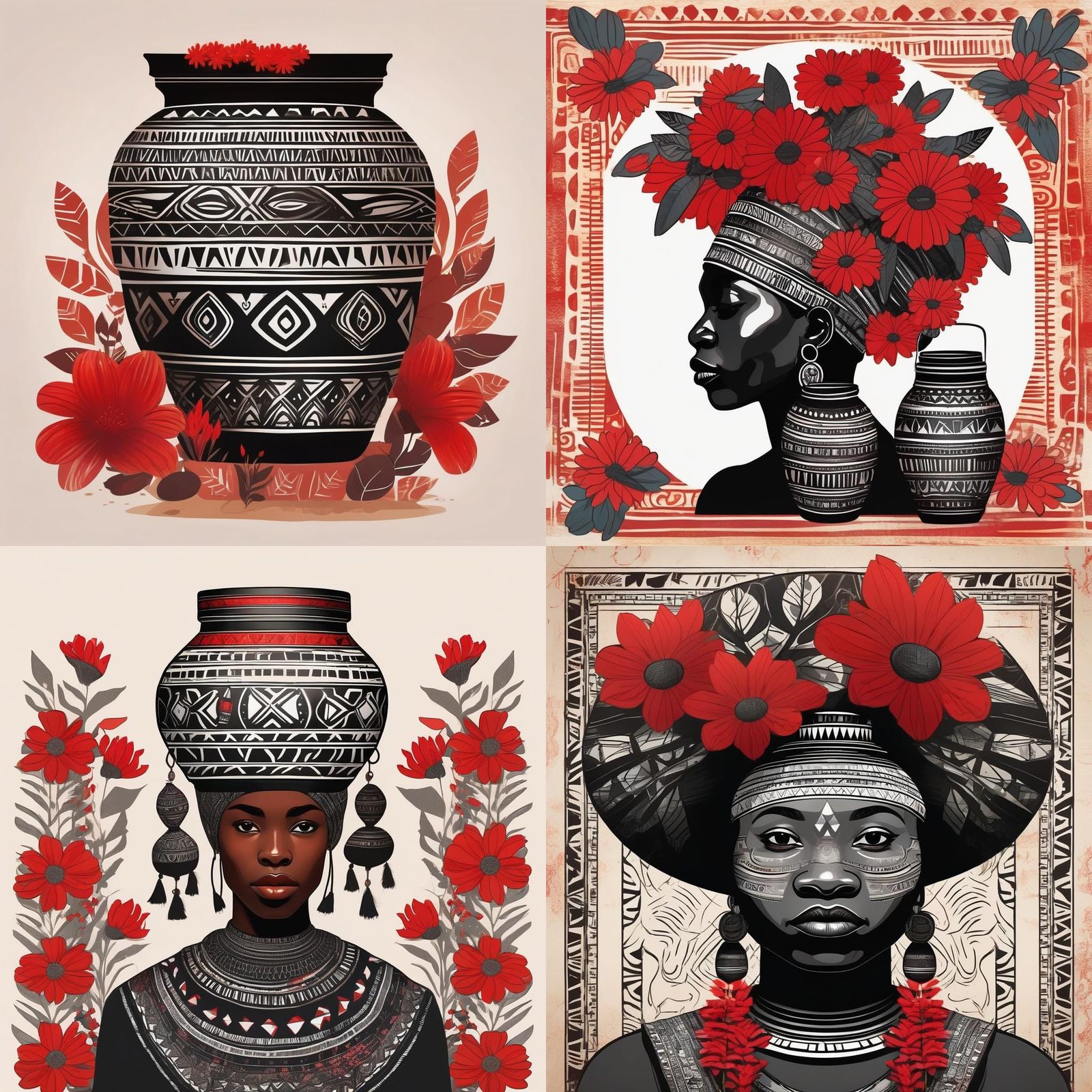 Black Woman with Tribal Jar and Red Flowers