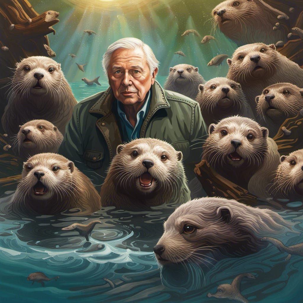 David Attenborough and Otters in Hyperrealistic Style