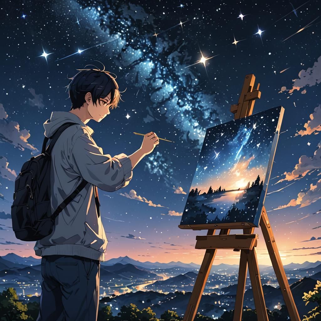 Male Artist Painting Stars in Anime Style