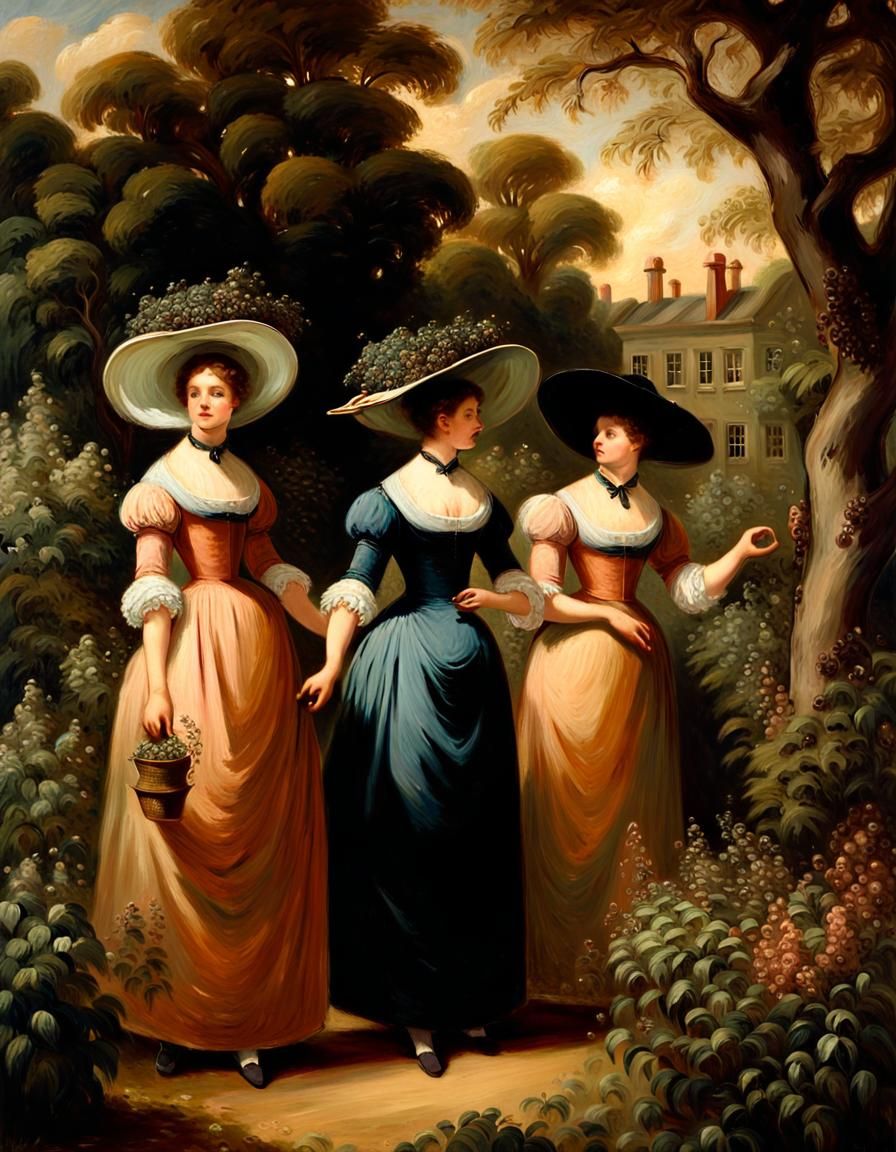 Regency Witches Harvest Elderberries: Oil Painting