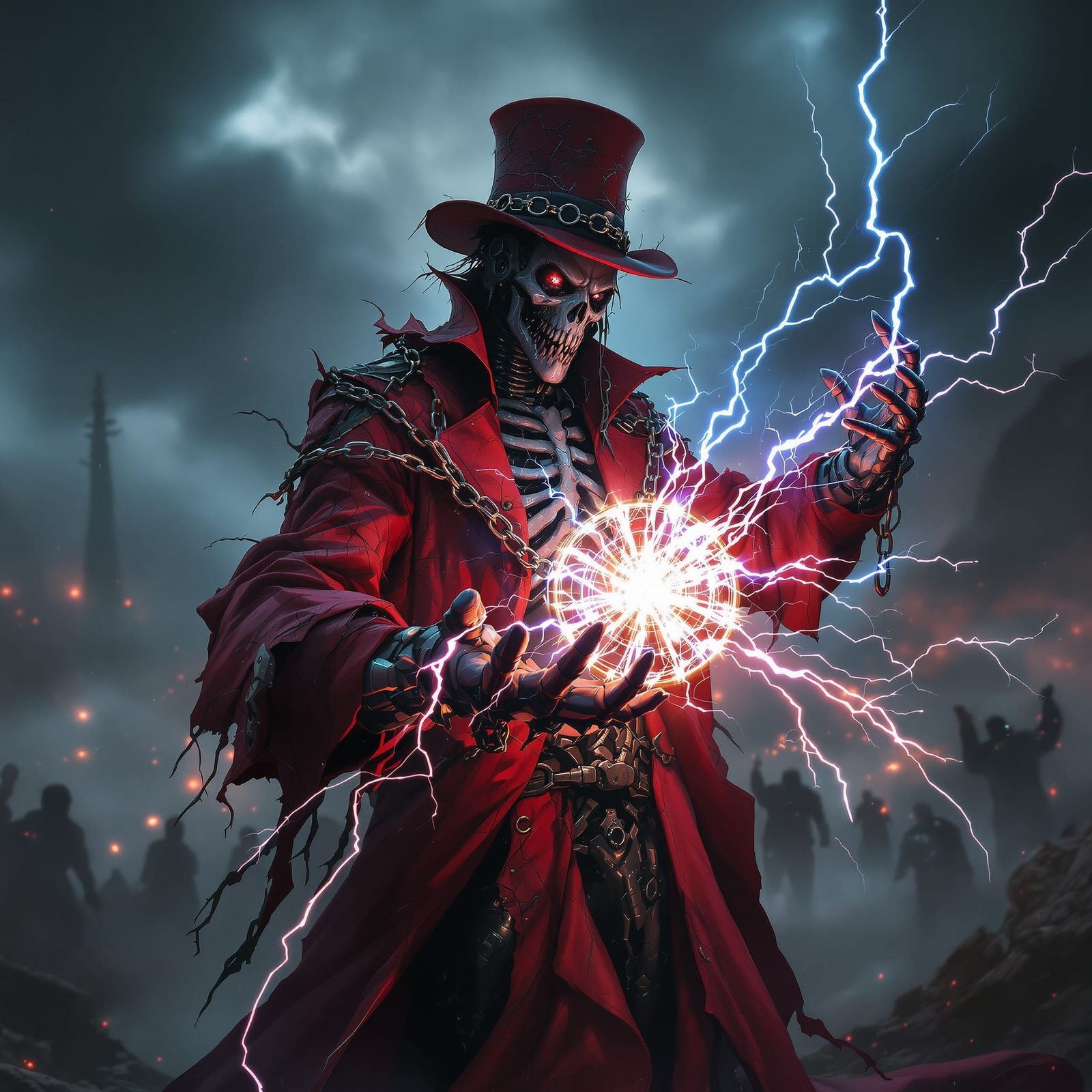 Techno-Lich Summons Lightning in Cyberpunk Horror Style