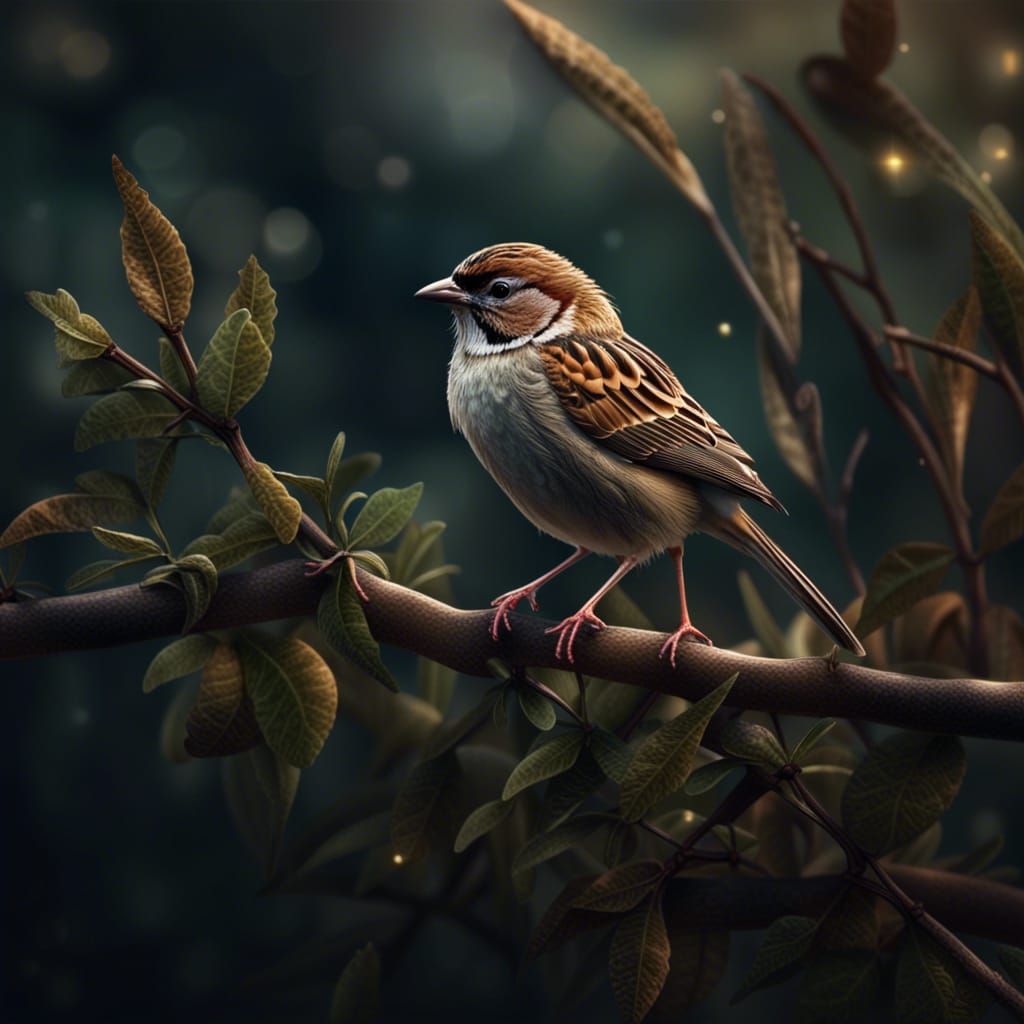 Sparrow on Bush Branch: Realistic Detailed Image