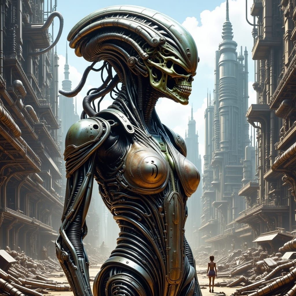 Cyberpunk Alien Soldier in Ruined Industrial Landscape