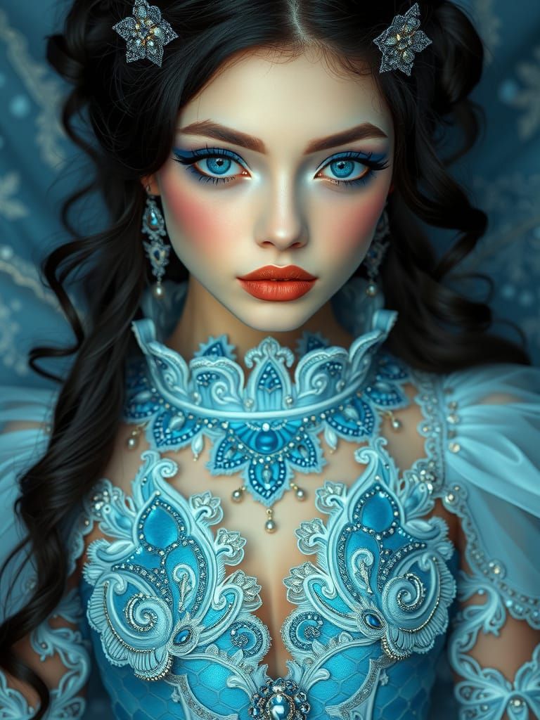 Gothic Princess Fairy in Blue Scale Gown with Victorian Whim...