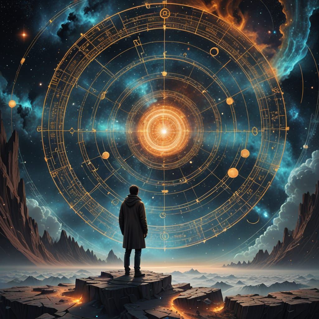 Lone Figure Contemplates Cosmic Math Nebula