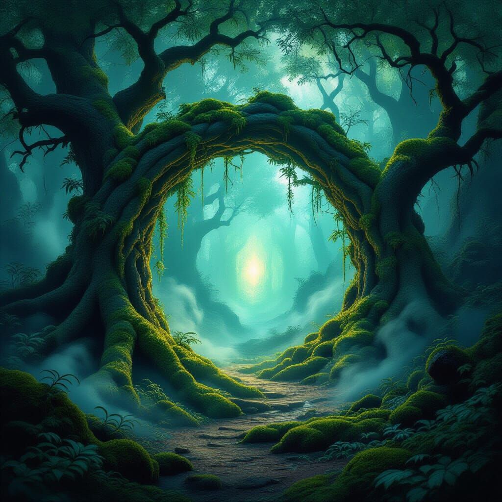 Magical Forest Glade with Shimmering Portal, Painterly Reali...