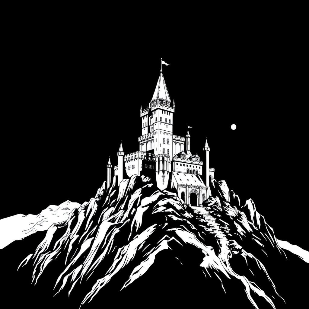 Mountainside Fortress Castle in 1980s Line Art Style