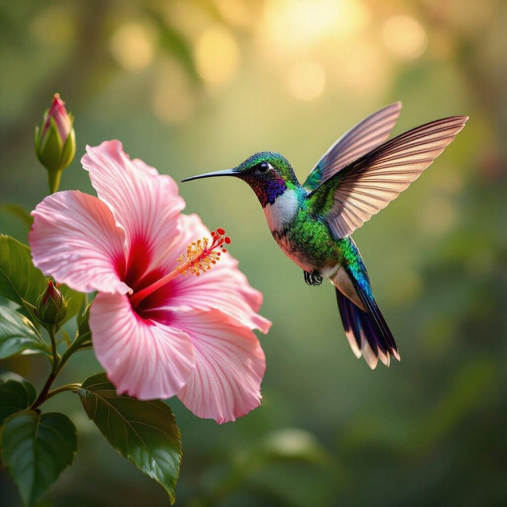 Glass Hummingbird and Hibiscus in Art Nouveau Style
