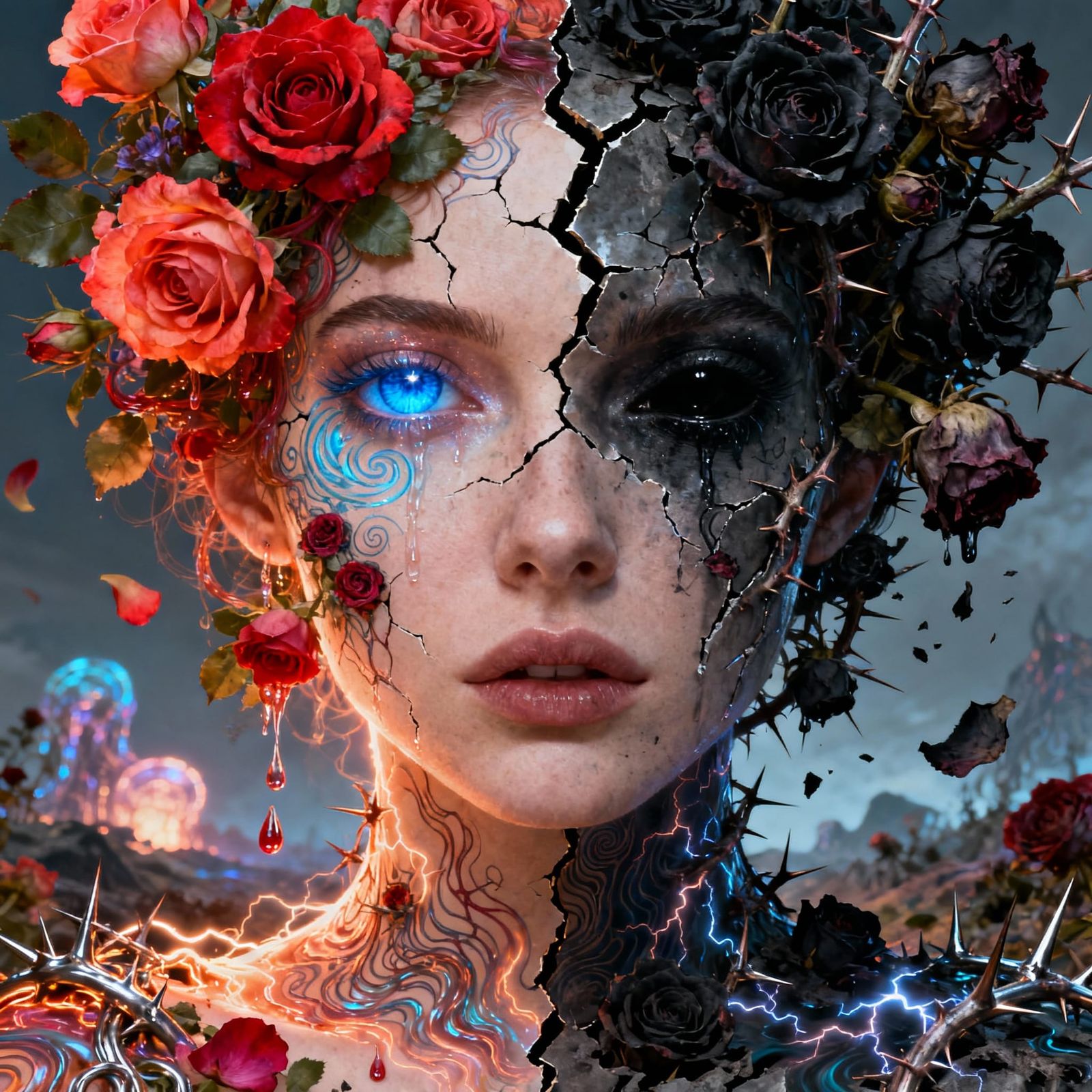 Surreal Portrait: Fractured Beauty with Love and Hate