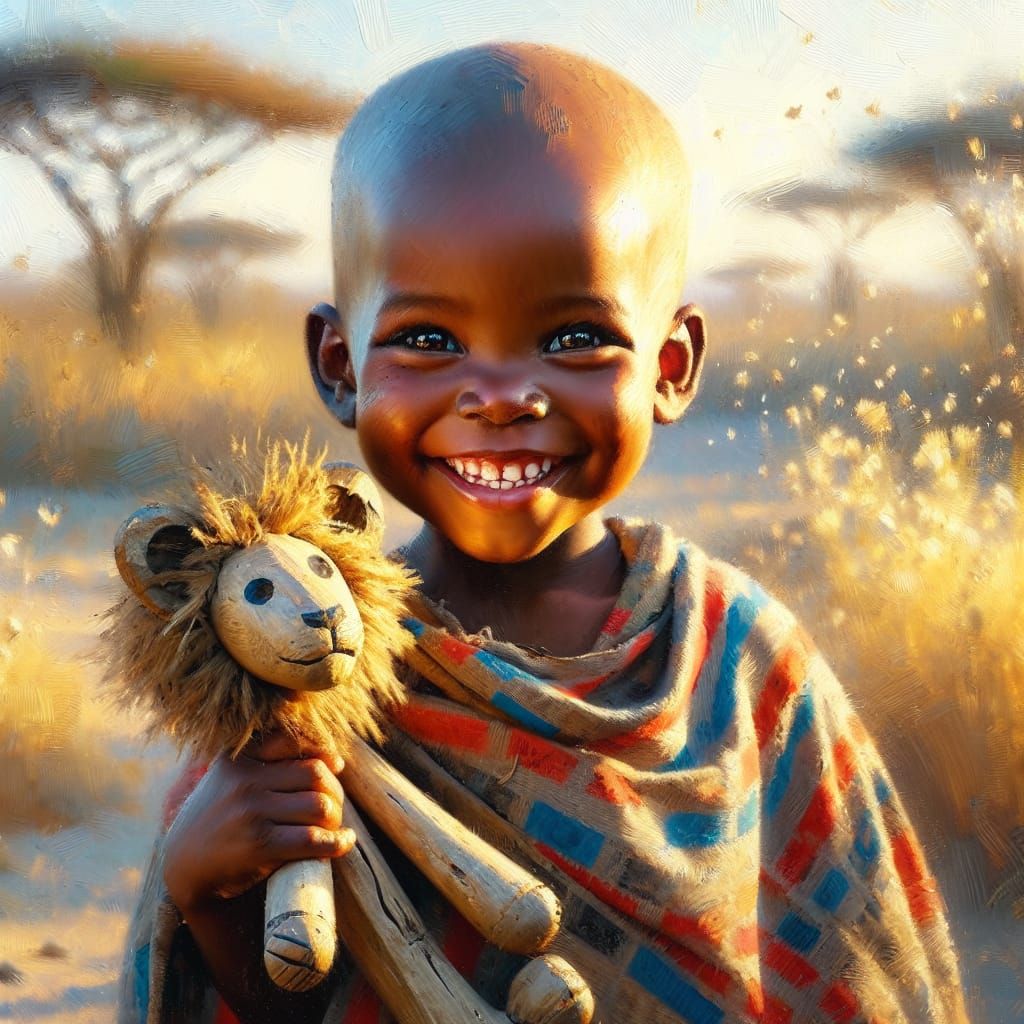 Joyful African Child in Savannah, Impressionistic Style