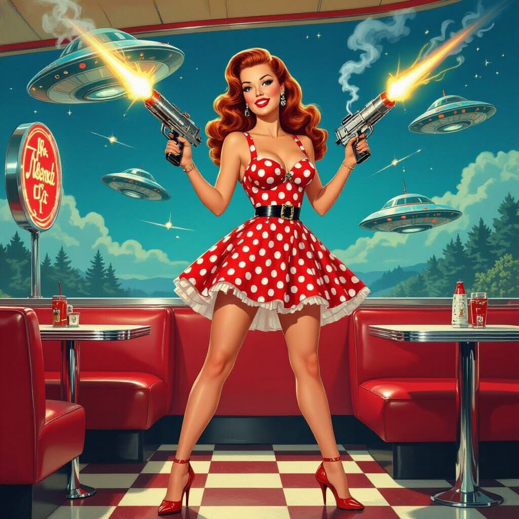Retro Diner Pin-Up Girl with Ray Gun in Classic Illustration...