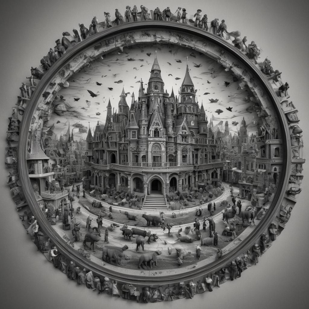 Miniature People Encircling Frame in Black and White