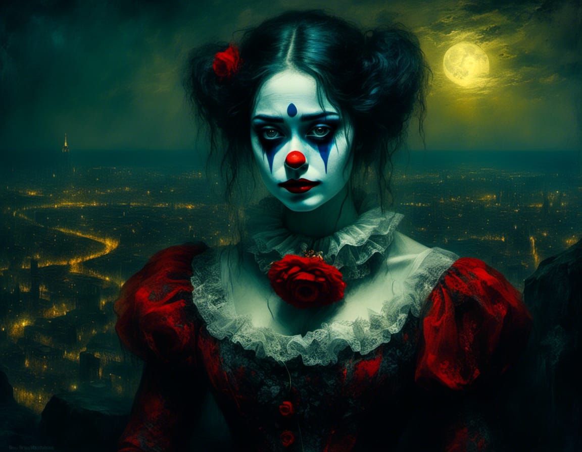 Mournful Clown Overlooks City in Victorian Style