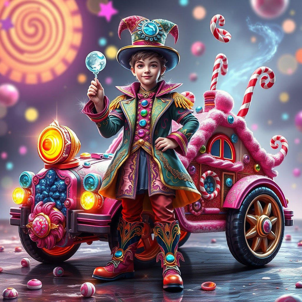 Candy Car and Magician in Digital Art Style