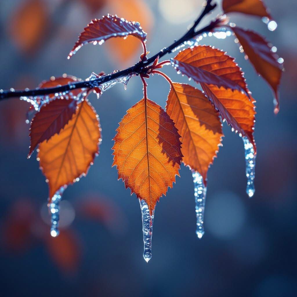 Autumn Leaves Adorned with Crystalline Blue Icicles