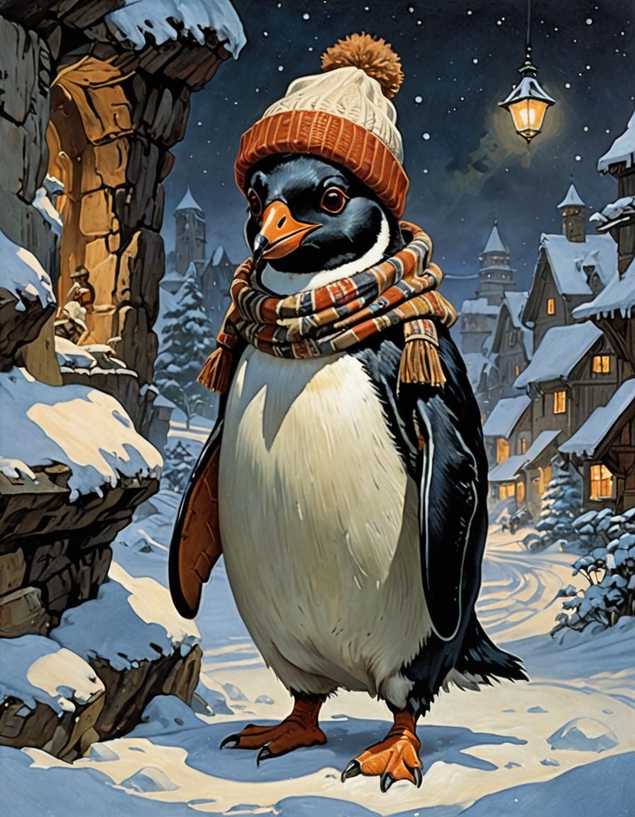 Penguin in Beanie and Scarf, Ghibli-esque Night