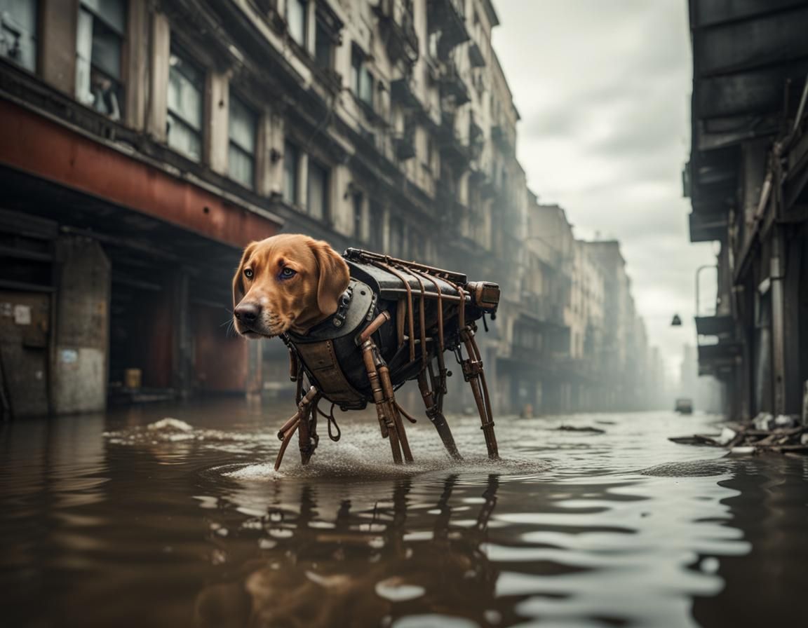 Rusty Exoskeleton Dog Walks Through Flooded City
