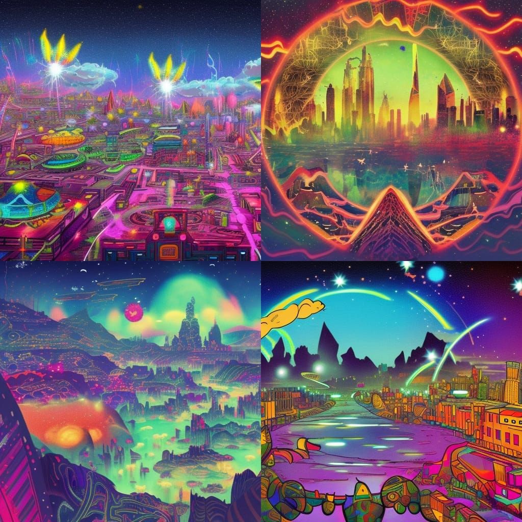 Psychedelic Fantasy City with Shooting Stars