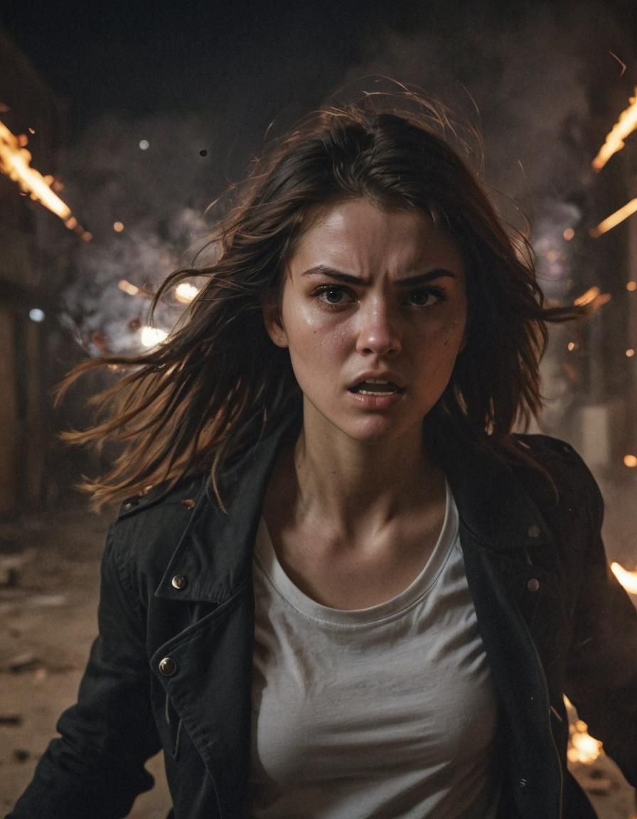 Cyberpunk Girl Running from Explosion in Cinematic Style