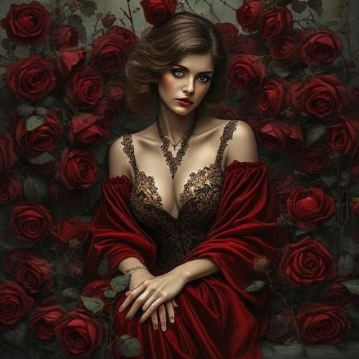 Art Deco Woman Amidst Wilting Roses in Crimson Velvet