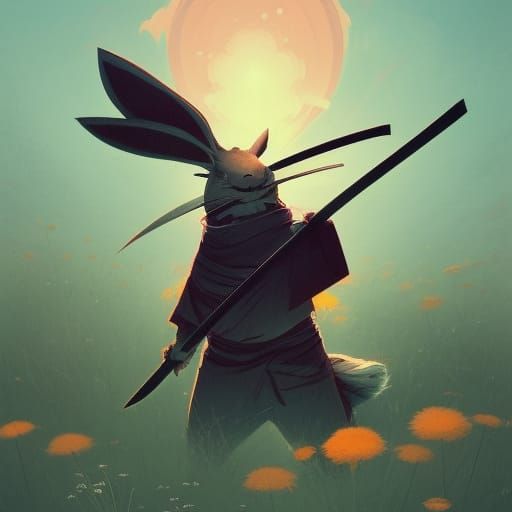Samurai Rabbit in Flower Field: Book Illustration