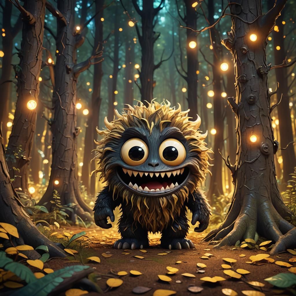 Fluffy Chibi Monster in Vibrant Forest, 3D Render