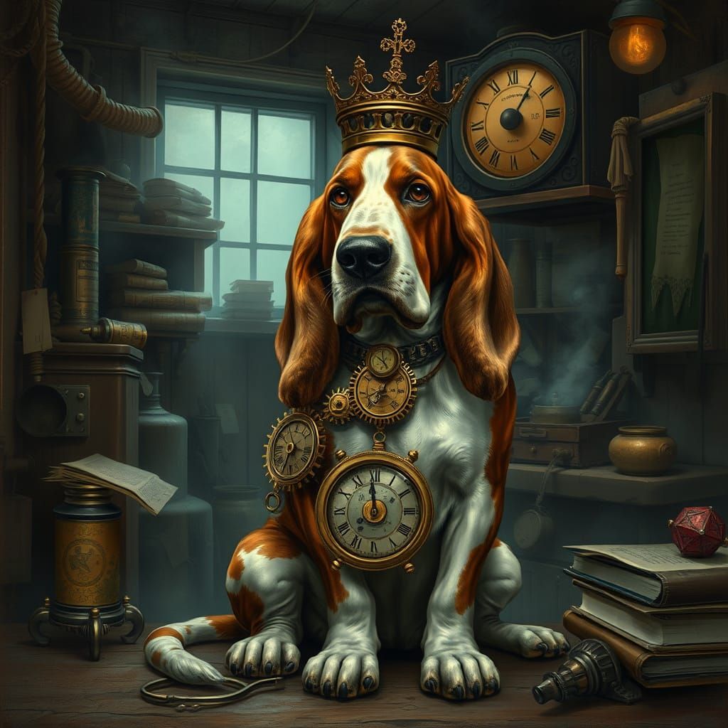 Steampunk Basset Hound in Victorian Workshop