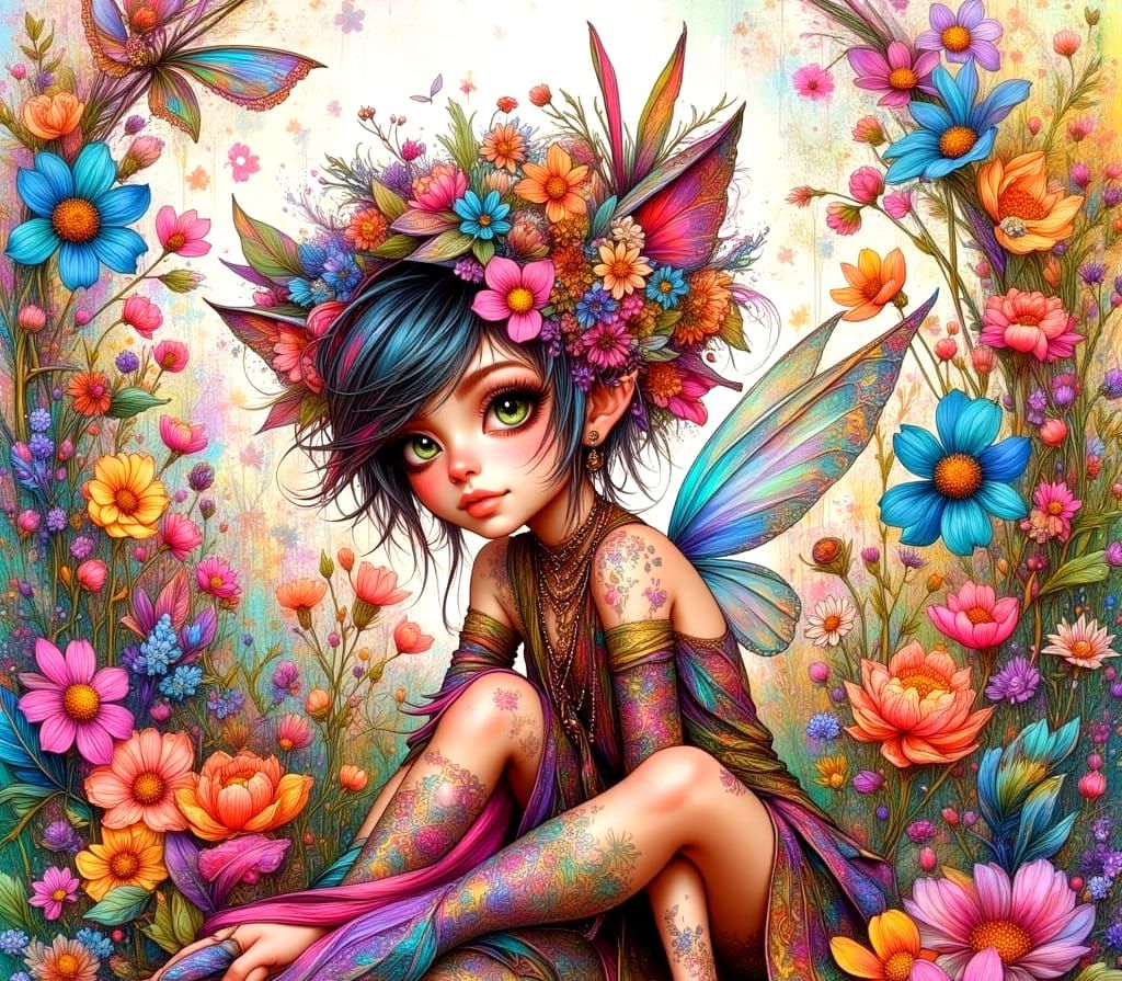 Playful Punk Pixie Faerie in Vibrant Watercolor Wonderland