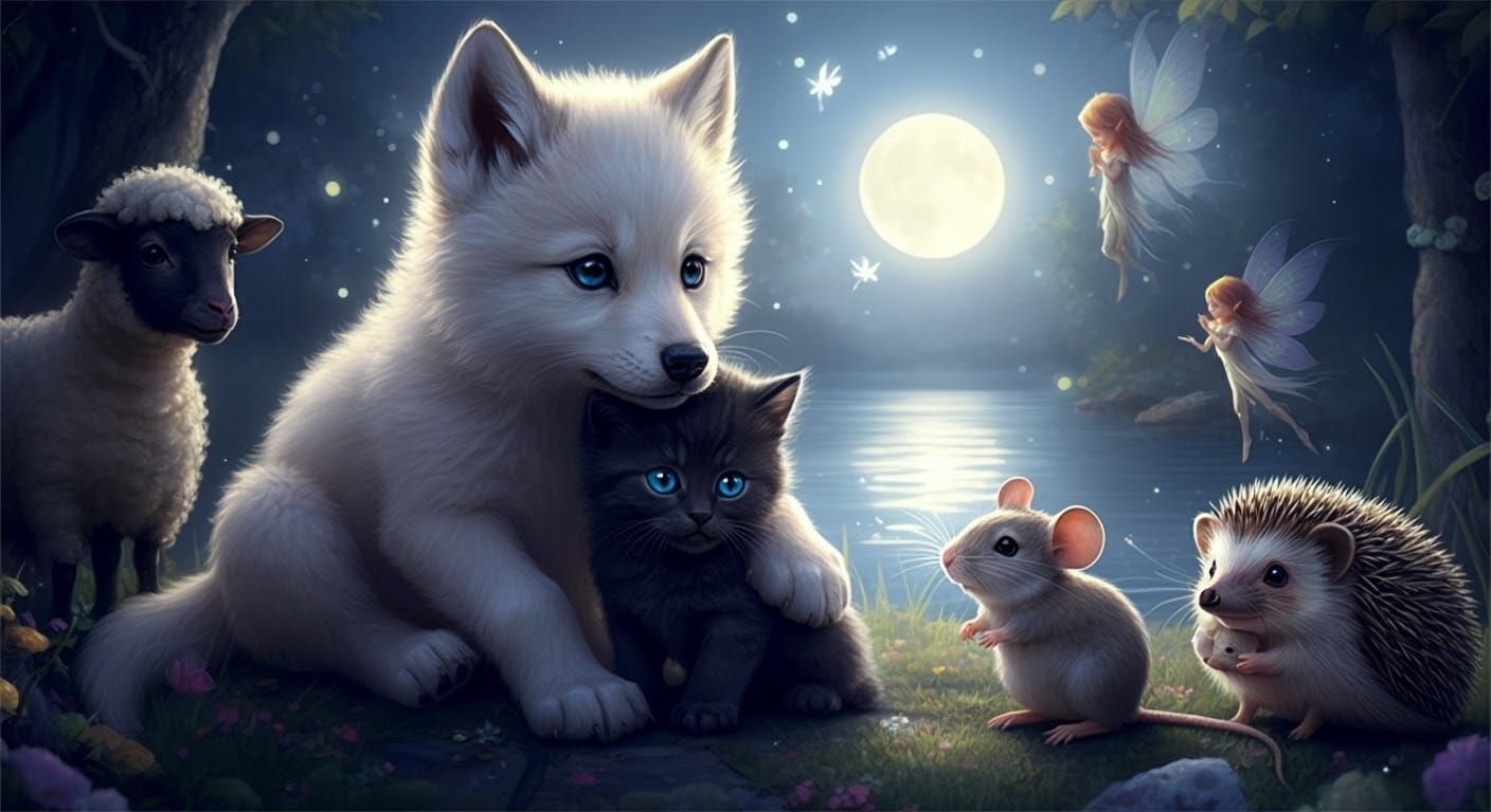 Whimsical Forest Gathering of Furry Friends in Full Moonligh...