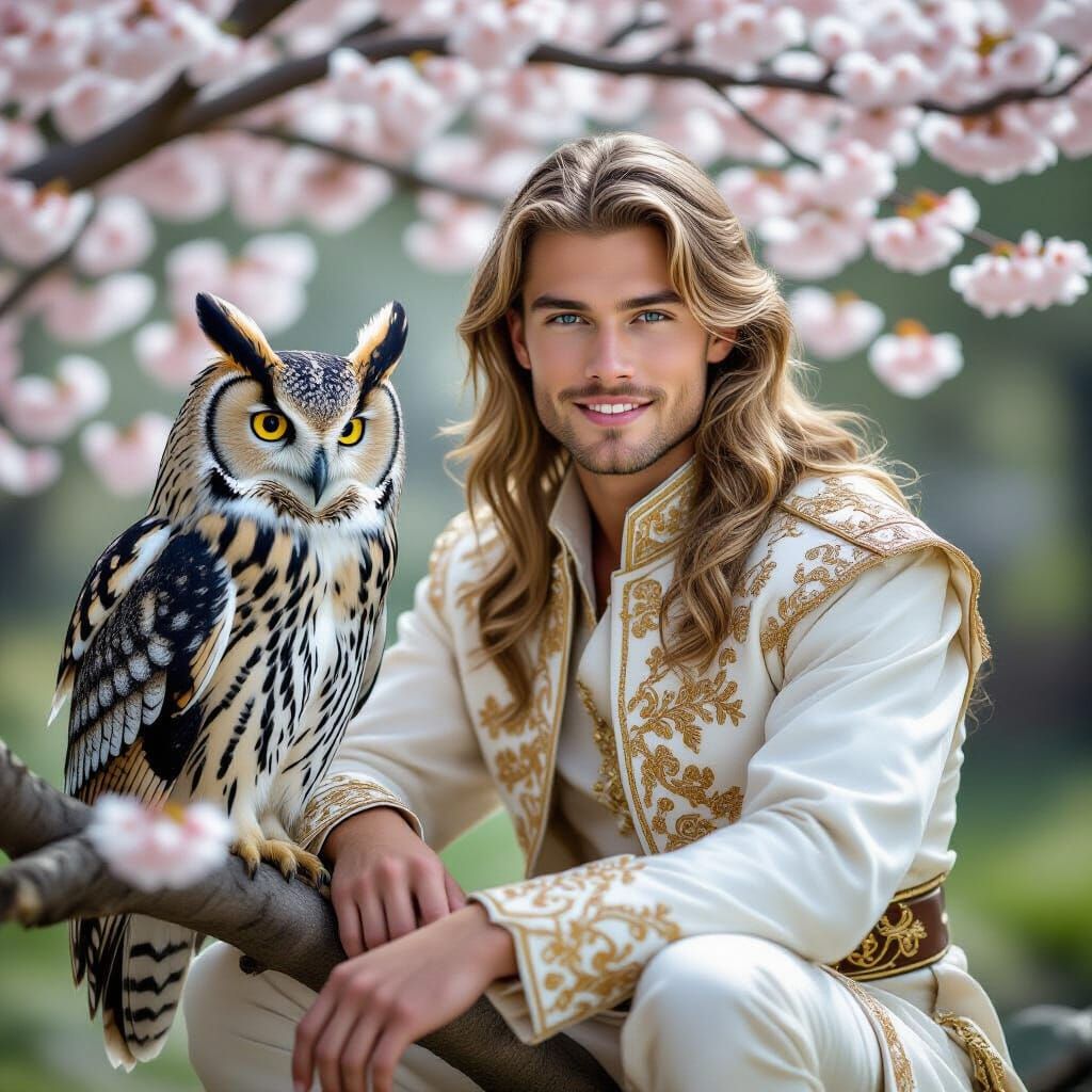 Blond Man with Owl in Cherry Blossom Garden