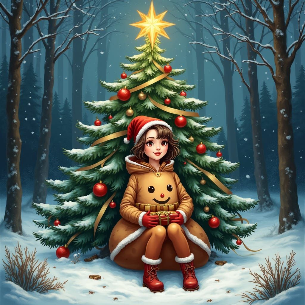 Festive Christmas Tree in Snowy Forest with Woman in Costume
