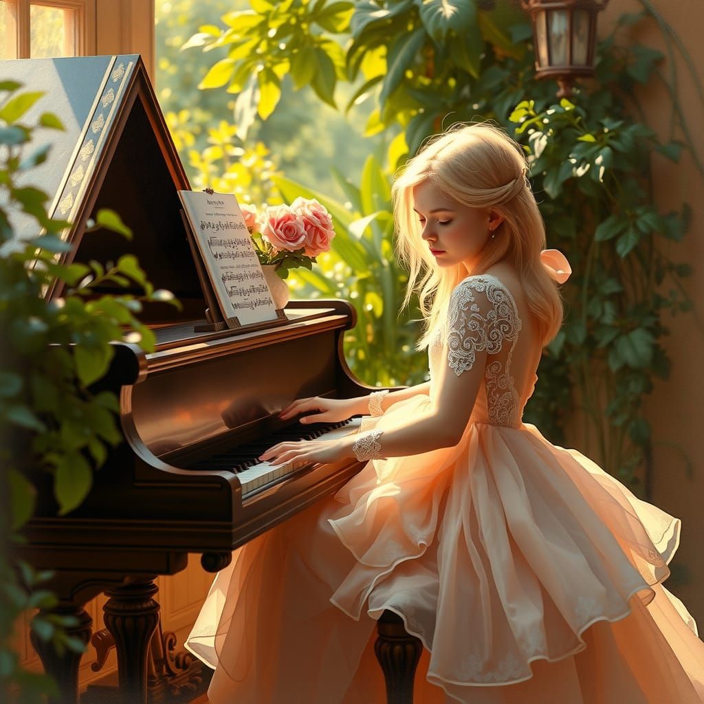 Soft Impressionist Girl Plays Piano in a Garden