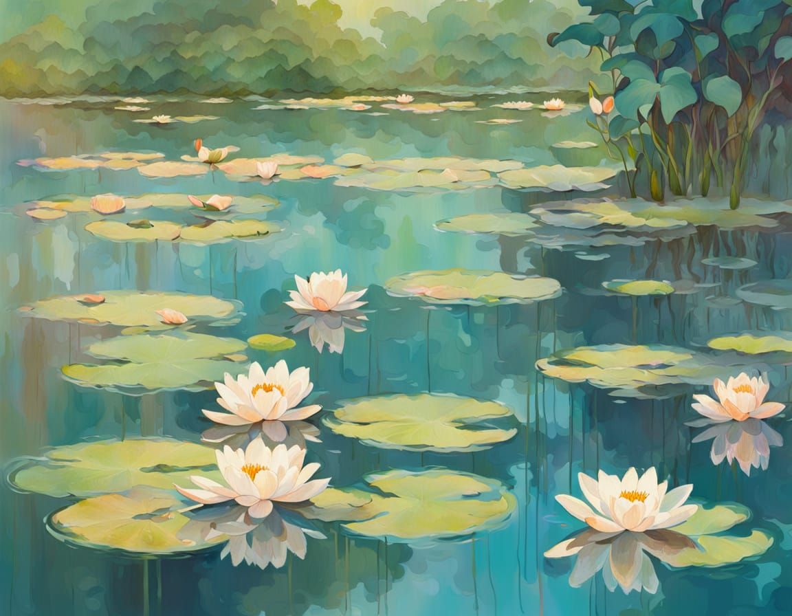 Impressionist Lily Pond Painting in Alphonse Mucha Style