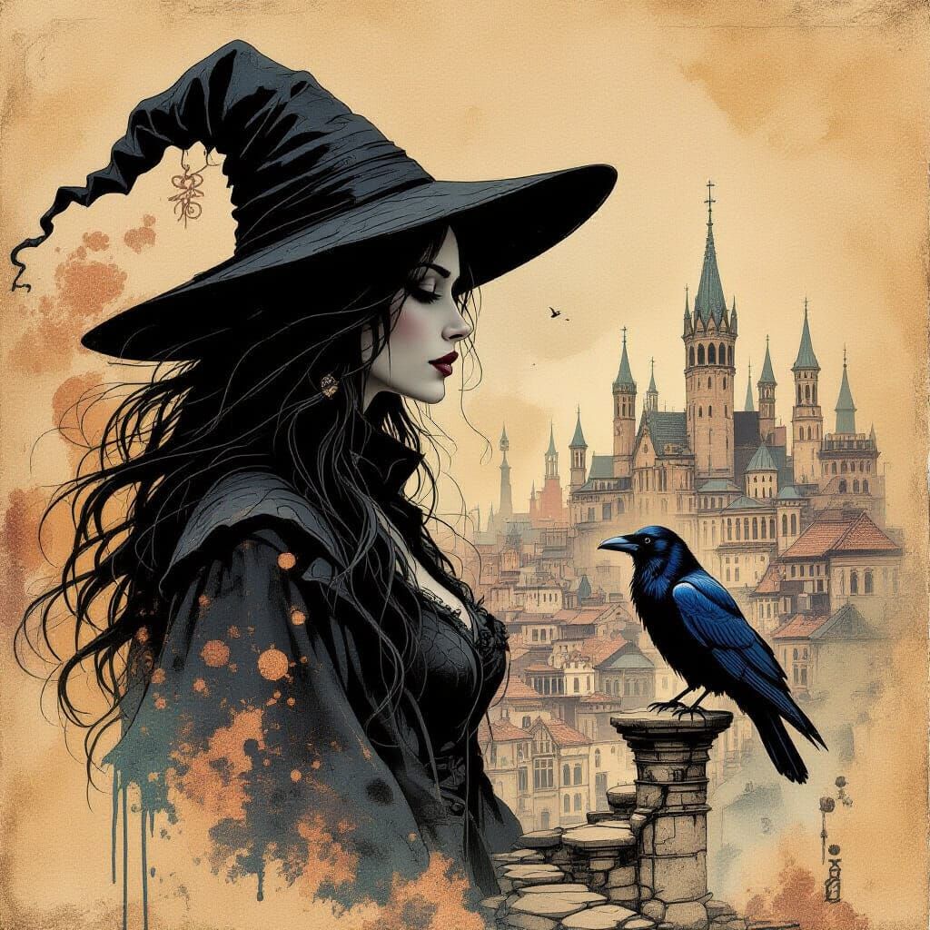 Black Witch Portrait with Raven in Ruined City