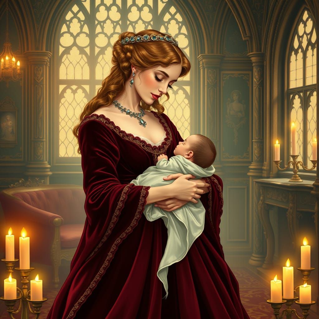 Princess Elizabeth and Newborn Son in Pre-Raphaelite Style
